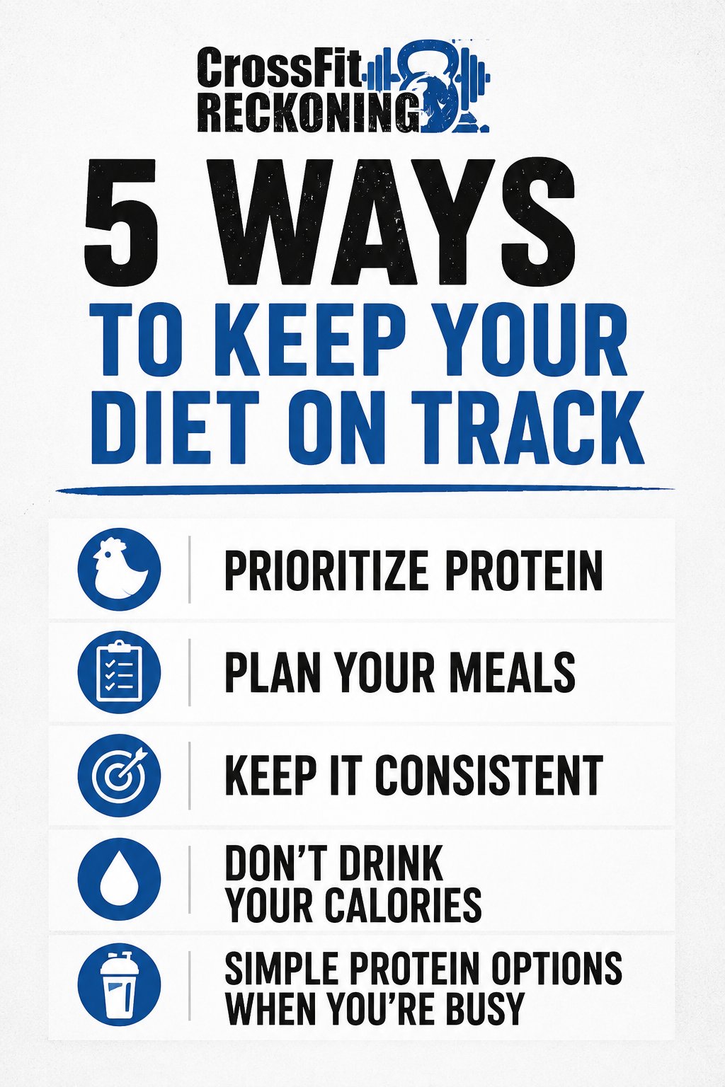 CrossFit Reckoning infographic — 5 simple ways to keep your diet on track: prioritize protein, plan your meals, keep it consistent, don't drink your calories, simple protein options when you're busy