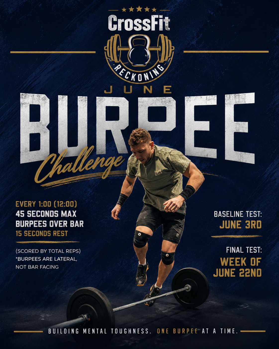 CrossFit Reckoning June Burpee Challenge poster — every minute for 12 minutes, 45 seconds max burpees over bar, 15 seconds rest. Baseline test June 3, final test week of June 22.