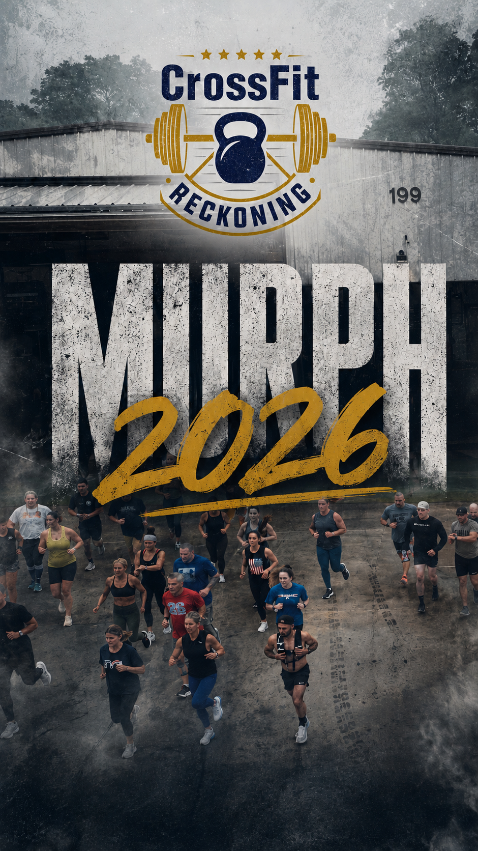 Murph 2026 at CrossFit Reckoning in Coatesville, PA — members running out of the gym to start the workout under stormy skies