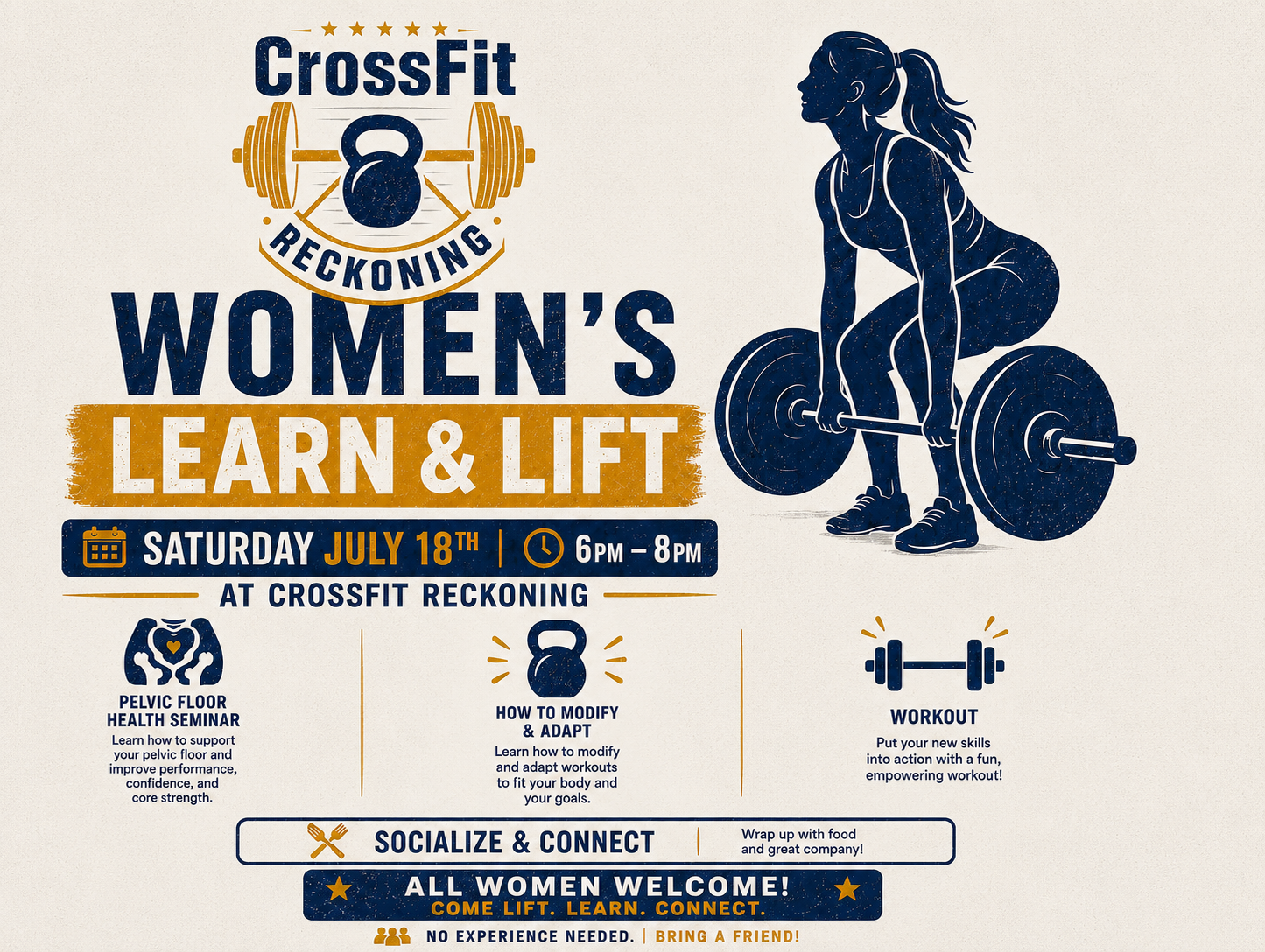 CrossFit Reckoning Women's Learn & Lift event flyer — Saturday, July 18, 2026, 6 to 8 PM in Coatesville, PA